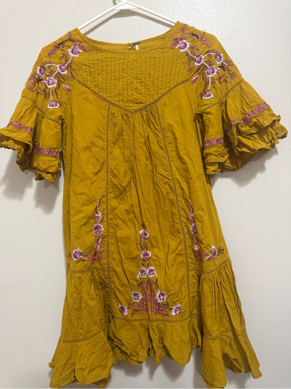 Free People 100% Cotton Mustard Yellow Dress - embroidered ruffle sleeves